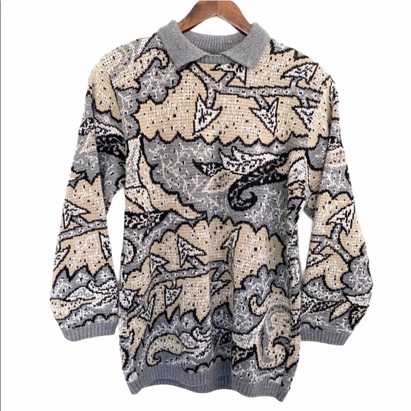 Vintage Leaf Paisley Collared Chunky Grandpa Sweater - Picture 1 of 7